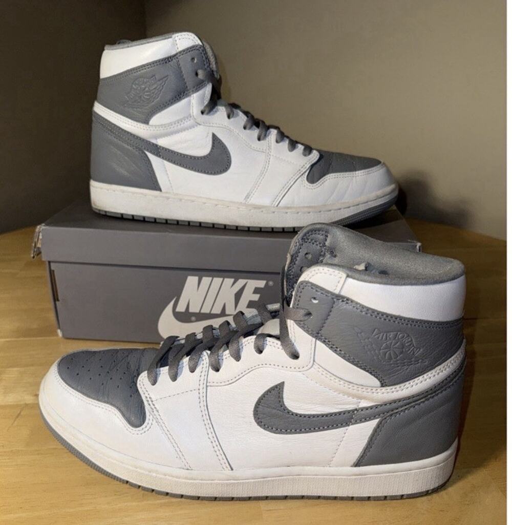 Size 12 - Nike Men's Air Jordan 1 Retro High OG Stealth White Grey 555088-037